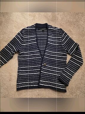 Ann Taylor Navy Black and White Striped Blazer Sweater